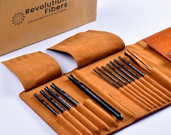 Revolution Fibers Premium Artisan Ebony Wood Crochet Hooks Set with Leather Carrying Case - incl. 13 Crochet Hooks Size US E - P