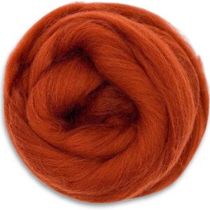 May include: A close-up of a pile of rust-colored wool roving. The wool is soft and fluffy, and it is perfect for felting or spinning.