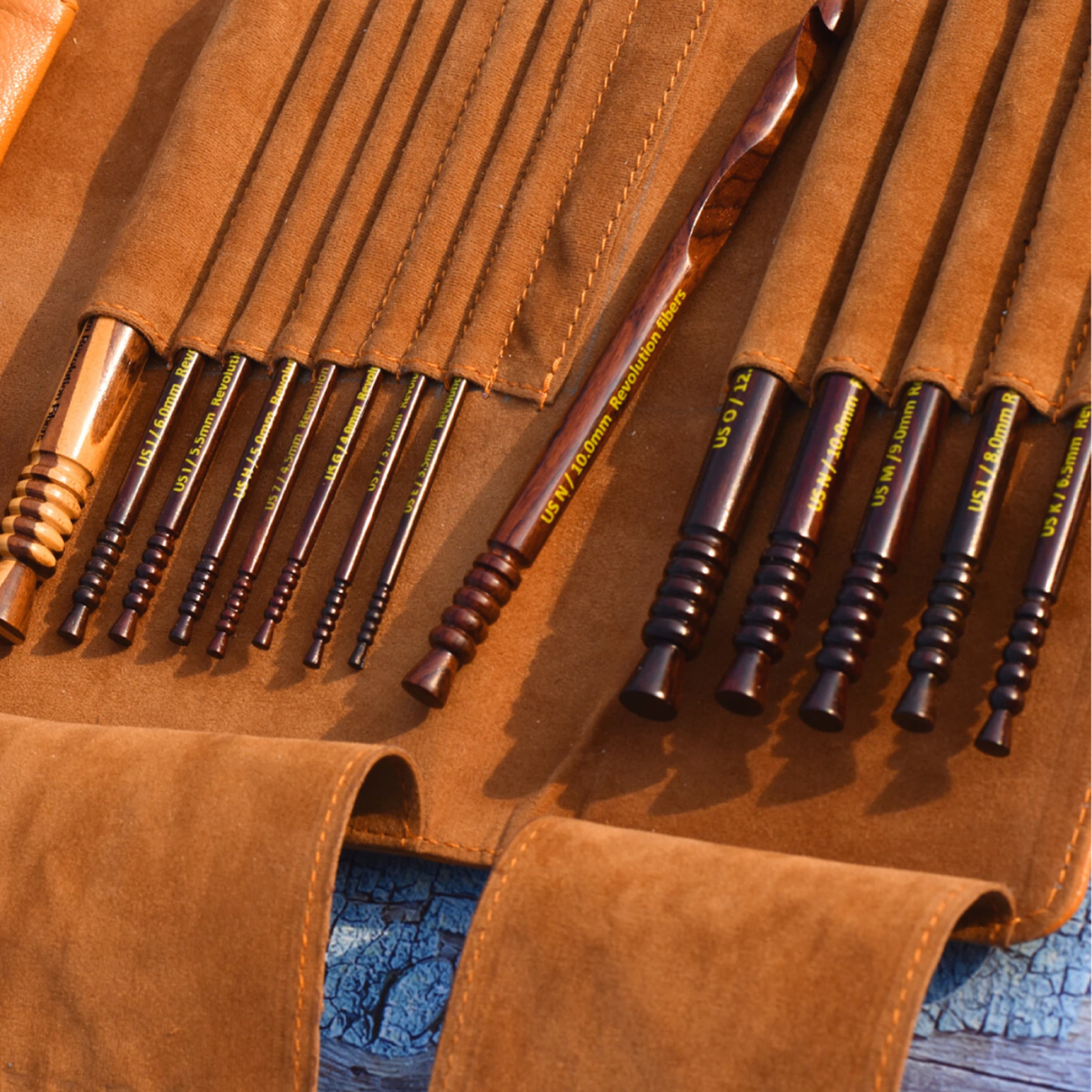 Revolution Fibers Artisan Ebony Wood Crochet Hooks Set with Leather Carrying Case - incl. 13 Crochet Hooks Size US E - P | Premium Set, Portable, Perf