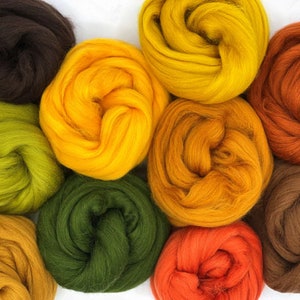 May include: Assortment of colorful wool roving in shades of brown, yellow, orange, and green. The wool is arranged in a circle, with each color in a separate pile.