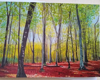May include: A painting of a forest scene with tall trees and a red leaf covered forest floor. The trees are mostly green with some yellow leaves. The light is coming from the top of the painting, creating a warm glow.