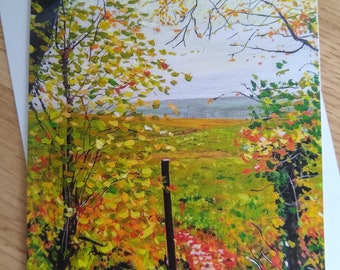 May include: A painting of a path through a forest in autumn. The path is lined with trees with yellow, orange, and red leaves. The path leads to a clearing with a view of a distant landscape.