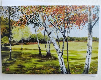 May include: A painting of a birch tree grove in autumn. The trees have white bark and yellow, orange, and red leaves. The ground is green and there is a blue sky in the background.