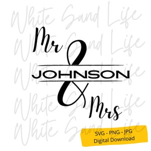 Könnte beinhalten: Schwarzweißes Grafikdesign mit dem Text "Mr. & Mrs. JOHNSON" und einem dekorativen kaufmännischen Und.