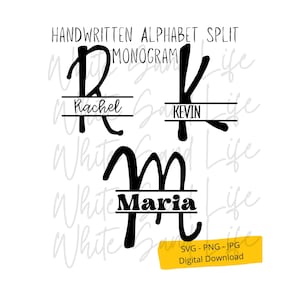 Alfabeto de monograma dividido Svg, Png manuscrito, letras divididas com monograma, arquivo Cricut Svg de camisa, arquivo de corte de fonte para Cricut, arquivo Svg para Cricut
