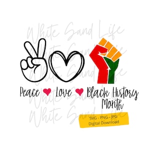 Può includere: Pace, amore e un pugno alzato in nero, rosso, verde e giallo. Il testo "Peace Love Black History Month" è sotto il grafico. Il testo "SVG-PNG-JPG Digital Download" è in una casella gialla nella parte inferiore dell'immagine.