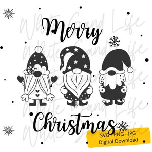 Pode incluir: Design de download digital em preto e branco com três gnomos e o texto "Merry Christmas".