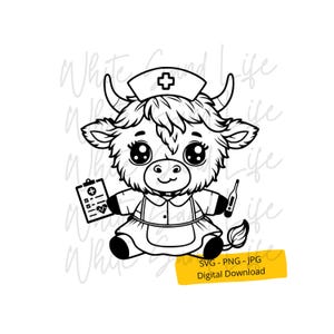 May include: Black and white line art illustration of a cartoon cow wearing a nurse's hat and holding a clipboard and a thermometer. The cow is wearing a dress with an apron. The image is a digital download.