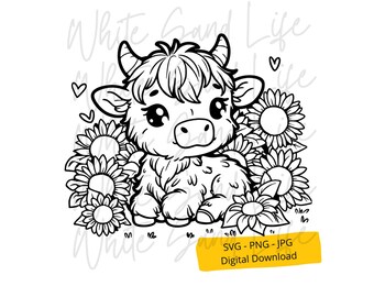 Highland Cow Png, Cow with Sunflower Svg, Cow Svg File, Cut File for Cricut, Farm Animal Svg File for Cricut, Texas Cow Vector File