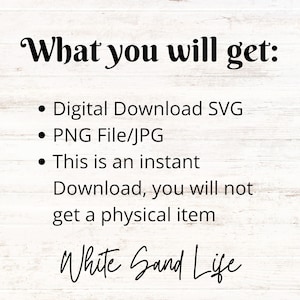 K&ouml;nnte beinhalten: Text auf einem Holzmaserungshintergrund, der "What you will get:" lautet, gefolgt von einer Aufz&auml;hlung mit Punkten: "Digital Download SVG", "PNG File/JPG", "This is an instant Download, you will not get a physical item". Unter der Liste steht der Text "White Sand Life".