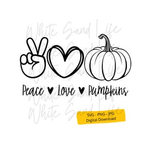 May include: Black and white digital download design featuring a peace sign, heart, and pumpkin with the text "Peace Love Pumpkins".