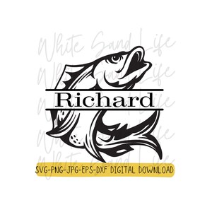 May include: Black and white silhouette of a fish with the name "Richard" in a split monogram design. The text "White Sand Life" is written in a cursive font in the background.