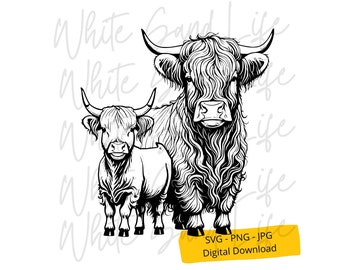 May include: Black and white illustration of two Highland cows, one adult and one calf, standing side-by-side. The adult cow has long, shaggy fur and large horns. The image includes the text "SVG - PNG - JPG Digital Download" on a yellow banner.
