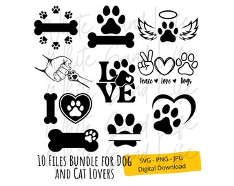 May include: A set of 10 black and white digital files featuring paw prints, bones, and hearts with the text "Peace Love Dogs" and "I Love" with a paw print in the heart. The text "10 Files Bundle for Dog and Cat Lovers" and "SVG - PNG - JPG Digital Download" is also included.