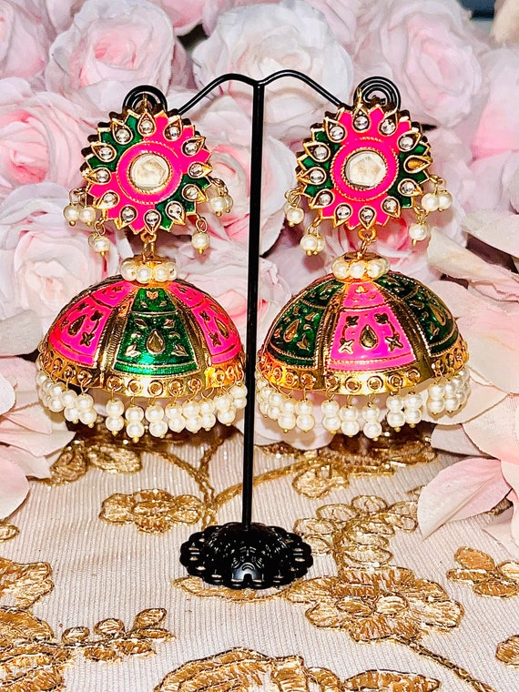Gold Polished Multi Jumbo Mirror Jhumkas With White Beads Indian
