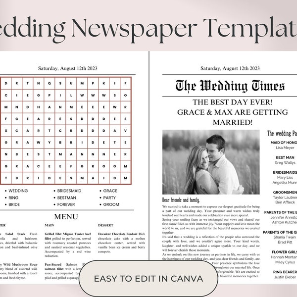 Folded Wedding Newspaper, Canva Template, Printable Wedding Programs, Timeline Template, Fun Wedding Program, Fun Editable Newspaper