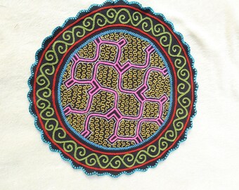 Shipibo Embroidered Tapestry - Circle Kene Design