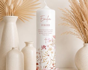 Taufkerze Floral – Personalisierte Taufkerze für Mädchen & Jungen | Blumenmotiv | Taufgeschenk | Patenkerze | Kommunionskerze