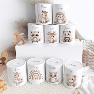 Personalisierte Spardose Kind Geschenk Geburt Taufe Geburtstag Waldtiere Geldgeschenk Baby Kinder Keramik Sparbüchse
