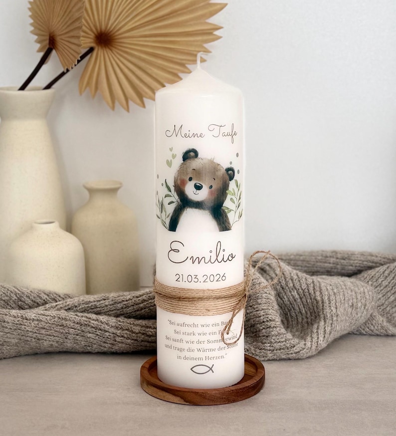 Taufkerze Löwe Eukalyptus Floral mit Blätterkranz Floral Für Mädchen und Jungen immagine 8