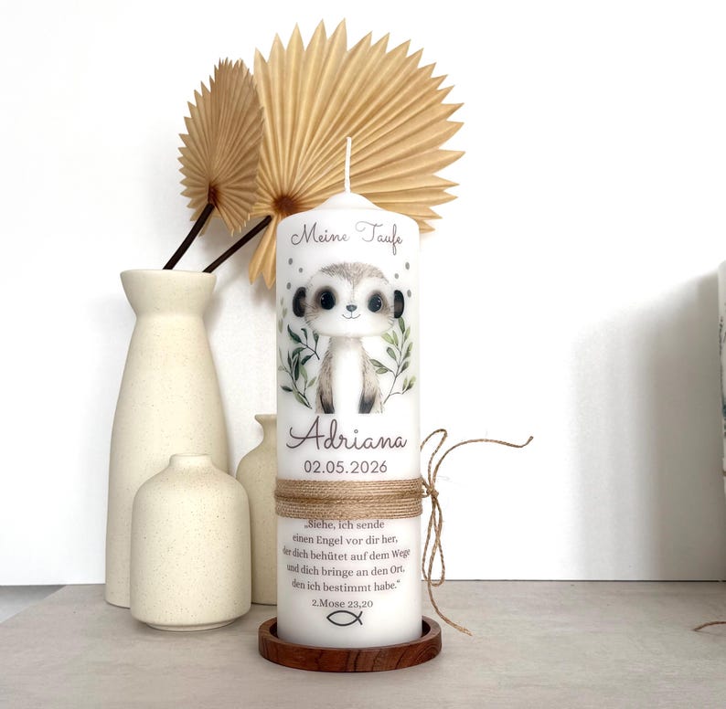 Taufkerze Löwe Eukalyptus Floral mit Blätterkranz Floral Für Mädchen und Jungen immagine 6