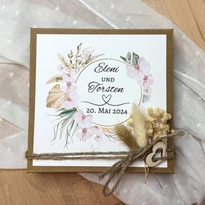 Personalisiertes Geschenkschachtel| Geldgeschenk zur Hochzeit – Geschenkbox mit Jutesäckchen, Trockenblumen & Wunschtext