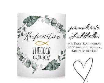 Lichthüllen Eukalyptus Kranz| Windlicht personalisiert (ab 2 Stück) zur Taufe, Geburt, Hochzeit und Kommunion