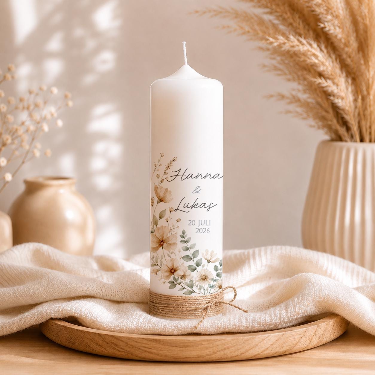 Hochzeitskerze Eukalyptus Blüten Floral Traukerze Altarkerze