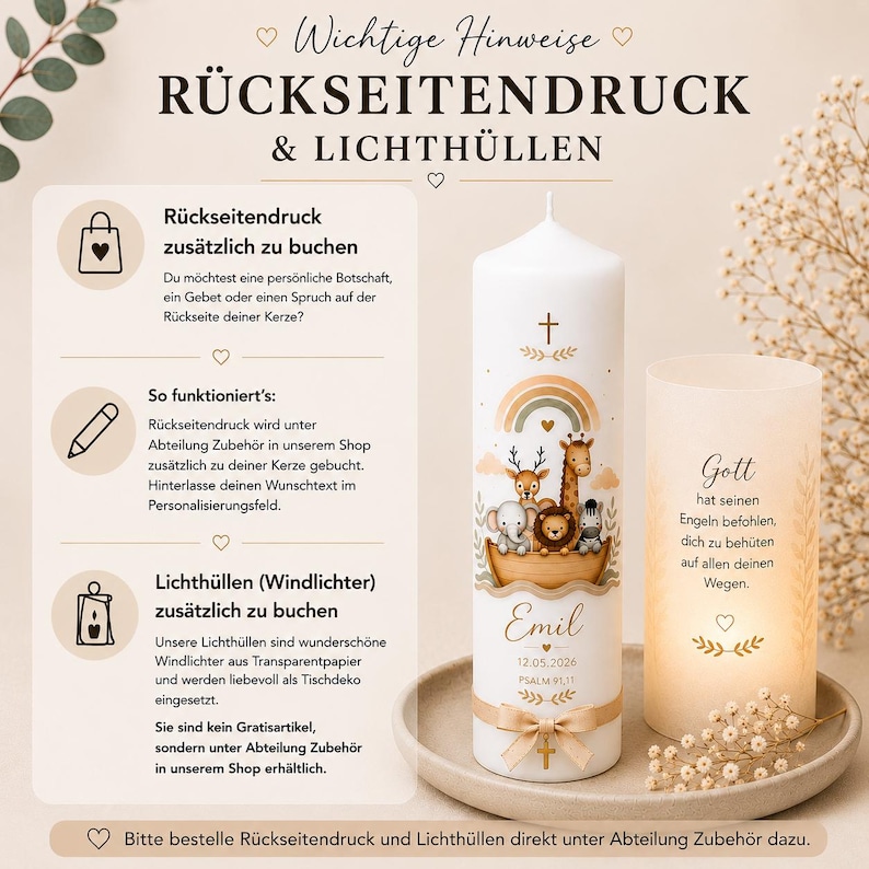 Taufkerze Löwe Eukalyptus Floral mit Blätterkranz Floral Für Mädchen und Jungen immagine 10