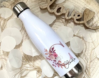 Personalisierte Thermoflasche mit Buchstaben und Namen | Wunschtext| 500ml Trinkflasche mit Namen in weiß | Thermosflasche floral mit Blumen