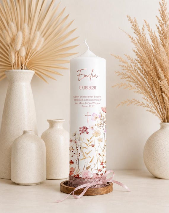 Taufkerze Sommerliebe Wildblumen  Blumen| Floral | Taufgeschenk| Patenkerze  Blumenkranz Floral Für Mädchen und Jungen| Kommunionskerze