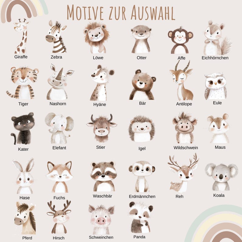 Pu&ograve; includere: Una collezione di ventiquattro illustrazioni di animali in stile acquerello disposte in una griglia su uno sfondo chiaro. Il testo MOTIVE ZUR AUSWAHL appare in alto. Ogni animale &egrave; etichettato con il suo nome in tedesco, tra cui giraffa, zebra, leone, lontra, scimmia, scoiattolo, tigre, rinoceronte, iena, orso, antilope, gufo, gatto, elefante, toro, riccio, cinghiale, topo, coniglio, volpe, procione, suricato, cervo, koala, cavallo, cervo, maialino e panda.