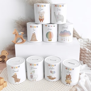 Personalisierte Spardose Kind Geschenk Geburt Taufe Geburtstag Waldtiere Geldgeschenk Baby Kinder Keramik Sparbüchse
