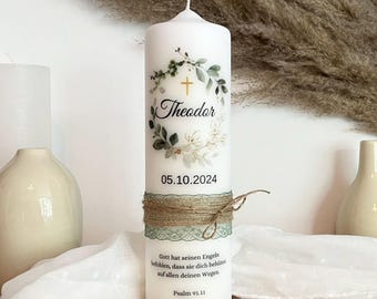 Baptismal candle with eucalyptus wreath for girls and boys
