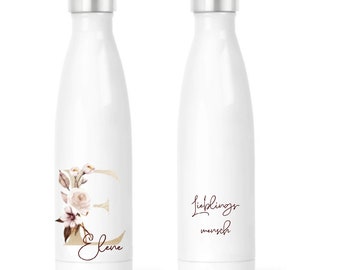 Personalisierte Thermoflasche mit Buchstaben und Namen| Wunschtext | 500ml Trinkflasche mit Namen in weiß | Thermosflasche floral mit Blumen