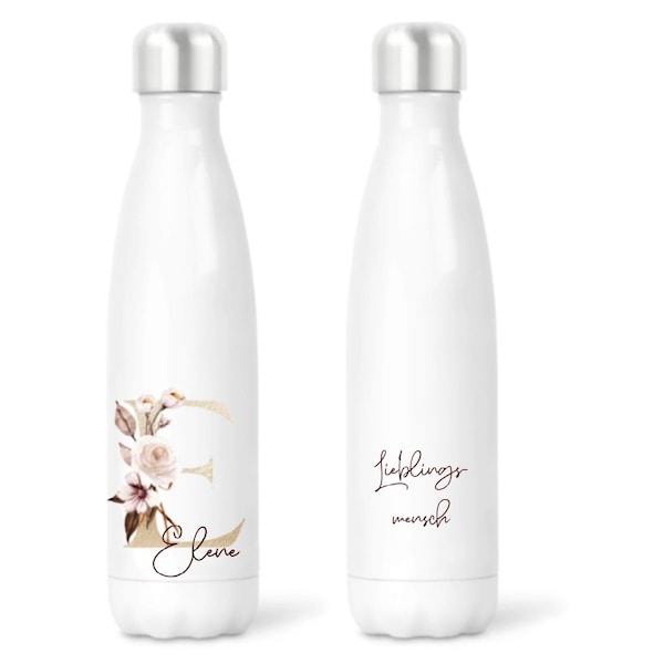 Personalisierte Thermoflasche mit Buchstaben und Namen| Wunschtext | 500ml Trinkflasche mit Namen in weiß | Thermosflasche floral mit Blumen