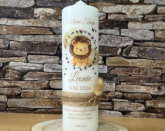 Baptism candle lion with leaf wreath floral for girls and boys