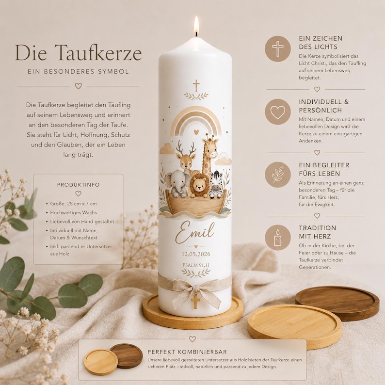 May include: A white cylindrical candle featuring a lit wick and a graphic of a wooden boat carrying a cartoon elephant, deer, giraffe, lion, and zebra under a rainbow. The candle displays the name Emil, the date 12.05.2026, and Psalm 91,11.