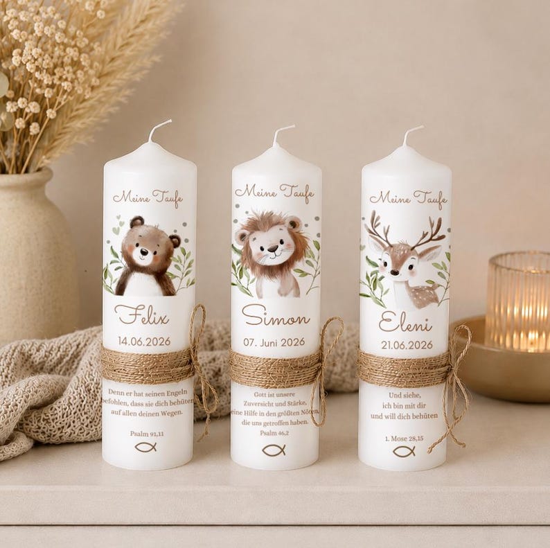 Taufkerze Löwe Eukalyptus Floral mit Blätterkranz Floral Für Mädchen und Jungen immagine 1