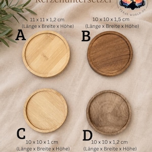 May include: Four circular wooden candle coasters labeled A, B, C, and D. A is 11 x 11 x 1.2 cm, B is 10 x 10 x 1.5 cm, C is 10 x 10 x 1 cm, and D is 10 x 10 x 1.2 cm. The coasters feature light and dark wood tones with raised edges.