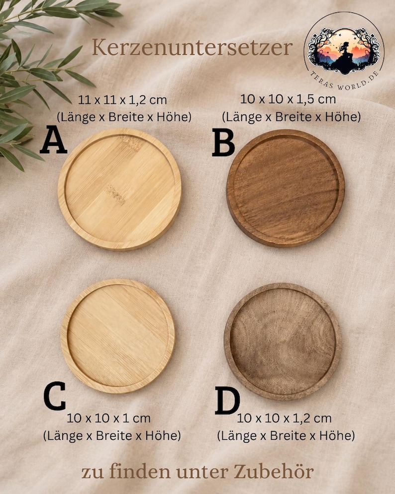 May include: Four circular wooden candle coasters labeled A, B, C, and D. A is 11 x 11 x 1.2 cm, B is 10 x 10 x 1.5 cm, C is 10 x 10 x 1 cm, and D is 10 x 10 x 1.2 cm. The coasters feature light and dark wood tones with raised edges.