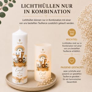 May include: A white cylindrical candle and a matching translucent candle wrap featuring a printed illustration of a wooden boat carrying a giraffe, lion, elephant, and deer under a rainbow. The text reads Emil and 12.05.2026 with a cross symbol.