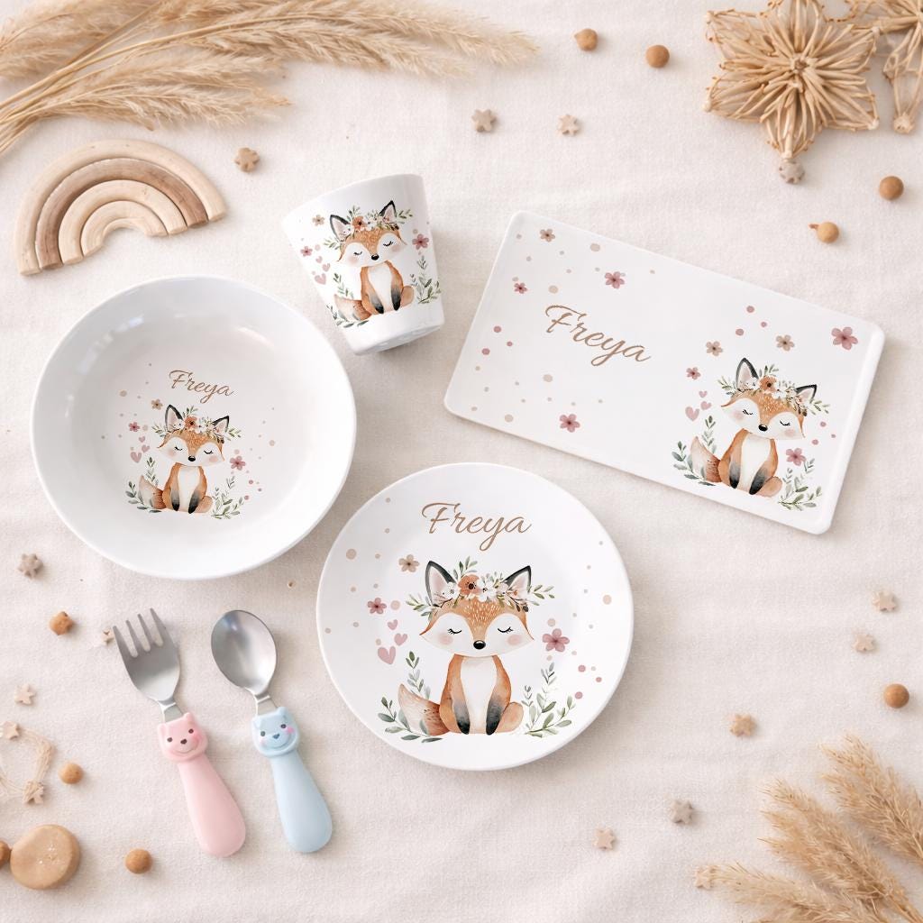 Kindergeschirr Set Kinderteller Tiere, personalisiert Namen, Kindergartenkinder Taufgeschenk, erster Geburtstag, Geschenk Geburt, Melamin