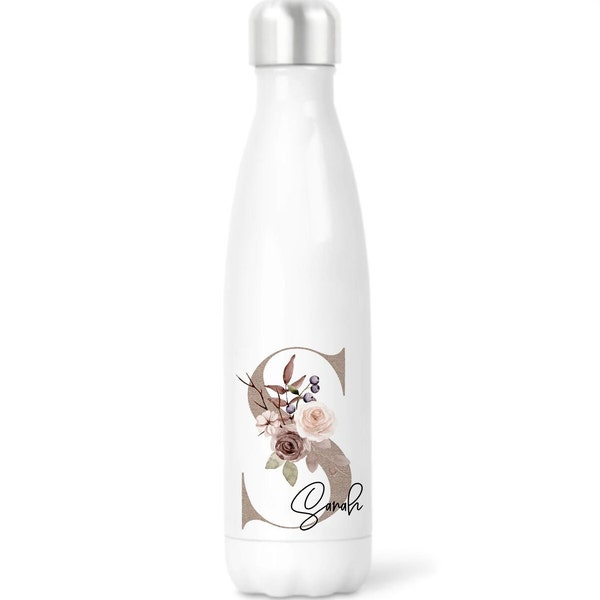 Personalisierte Thermoflasche mit Buchstaben und Namen | Wunschtext| 500ml Trinkflasche mit Namen in weiß | Thermosflasche floral mit Blumen