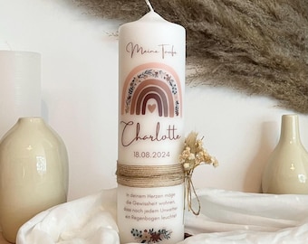 Baptism candle rainbow boho floral with ribbon