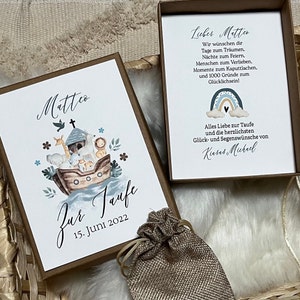 Geschenkschachtel "Noahs Arche" zur Taufe | Geldgeschenk zur Taufe| personalisiert mit Namen, Jute-Säckchen