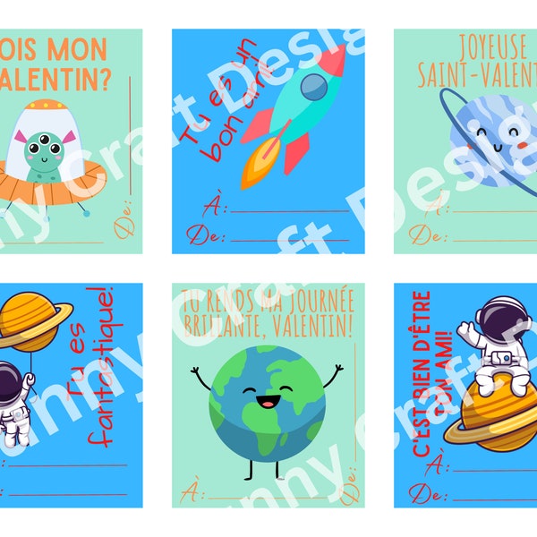 FRENCH Printable Space Valentine Cards - Cartes imprimables de la Saint-Valentin en français