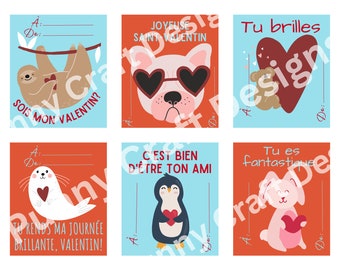 Tarjetas de San Valentín de animales imprimibles en FRANCÉS - Cartes imprimables de la Saint-Valentin en français