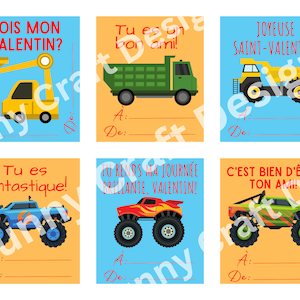 FRENCH Printable Cars and Trucks Valentines Cards - Cartes imprimables de la Saint-Valentin en français