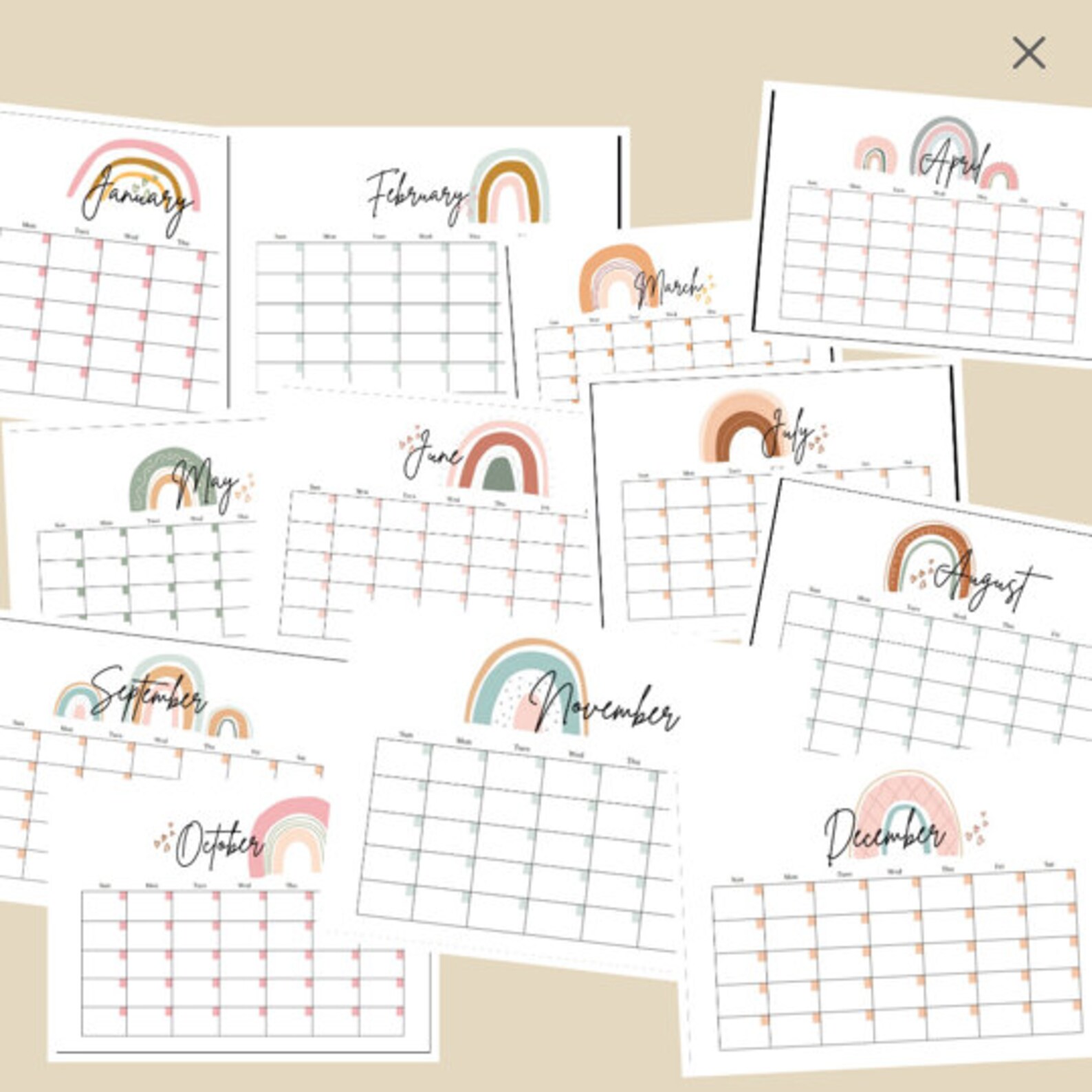 Ready to print Boho Rainbow cute blank calendar organiser Etsy